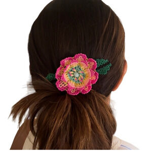 Mexican Handmade Beaded Flower Hair Clip with Leaves  Pink yellow green Huichol